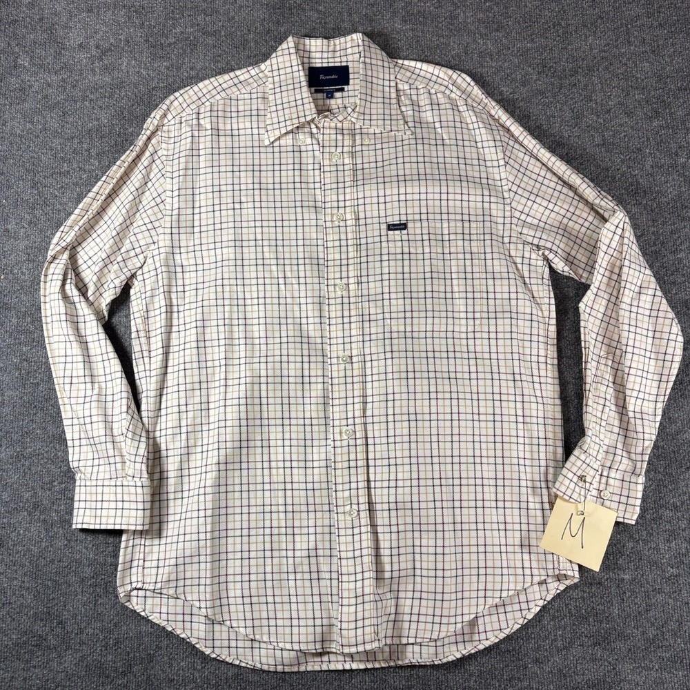 Faconnable Classique Shirt Mens Medium M White Cream Plaid Tattersall Check LS